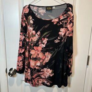 Bob Mackie Wearable Art Black Floral Print Long Sleeve Top 1X Polyester Spandex